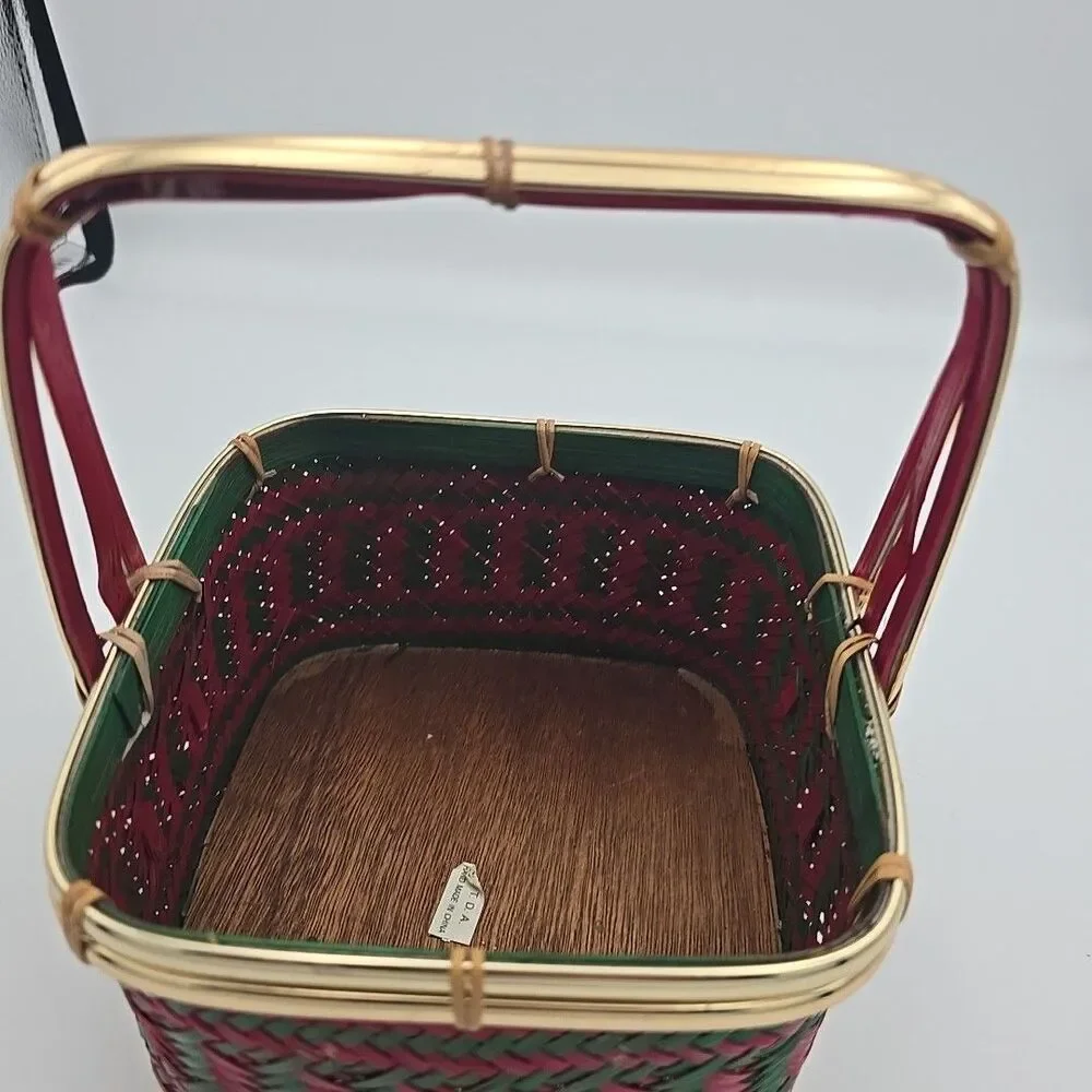 Vintage Red & Green Woven Basket Handmade 6.5